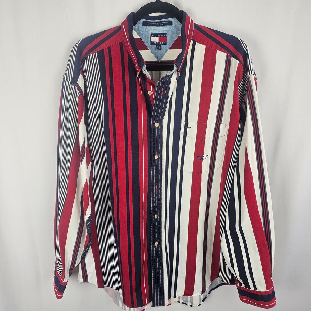 TOMMY HILFIGER Bold Stripe Button Down Men XL Y2K Red/White/Blue Prep Streetwear